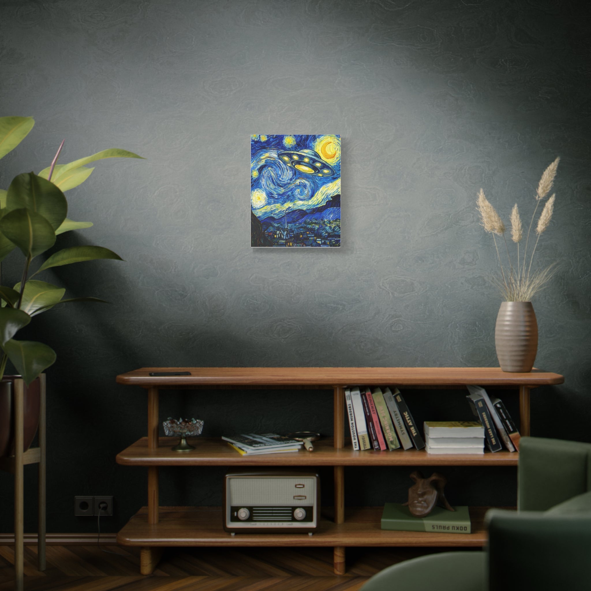 Small starry blue UFO canvas on matte stretched finish, mounted in cozy living room