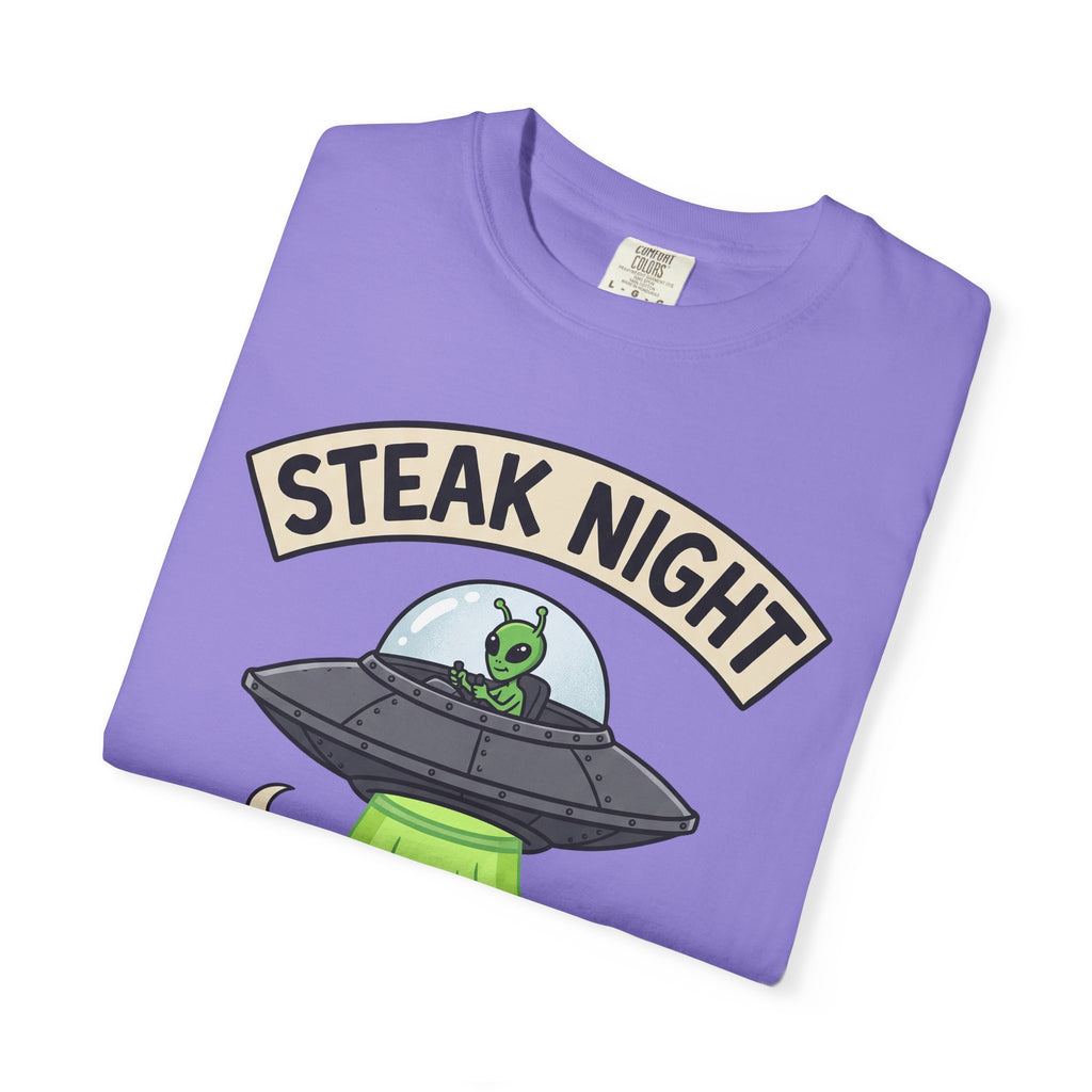 Lavender T-shirt with 'Steak Night' UFO and green alien cow graphic