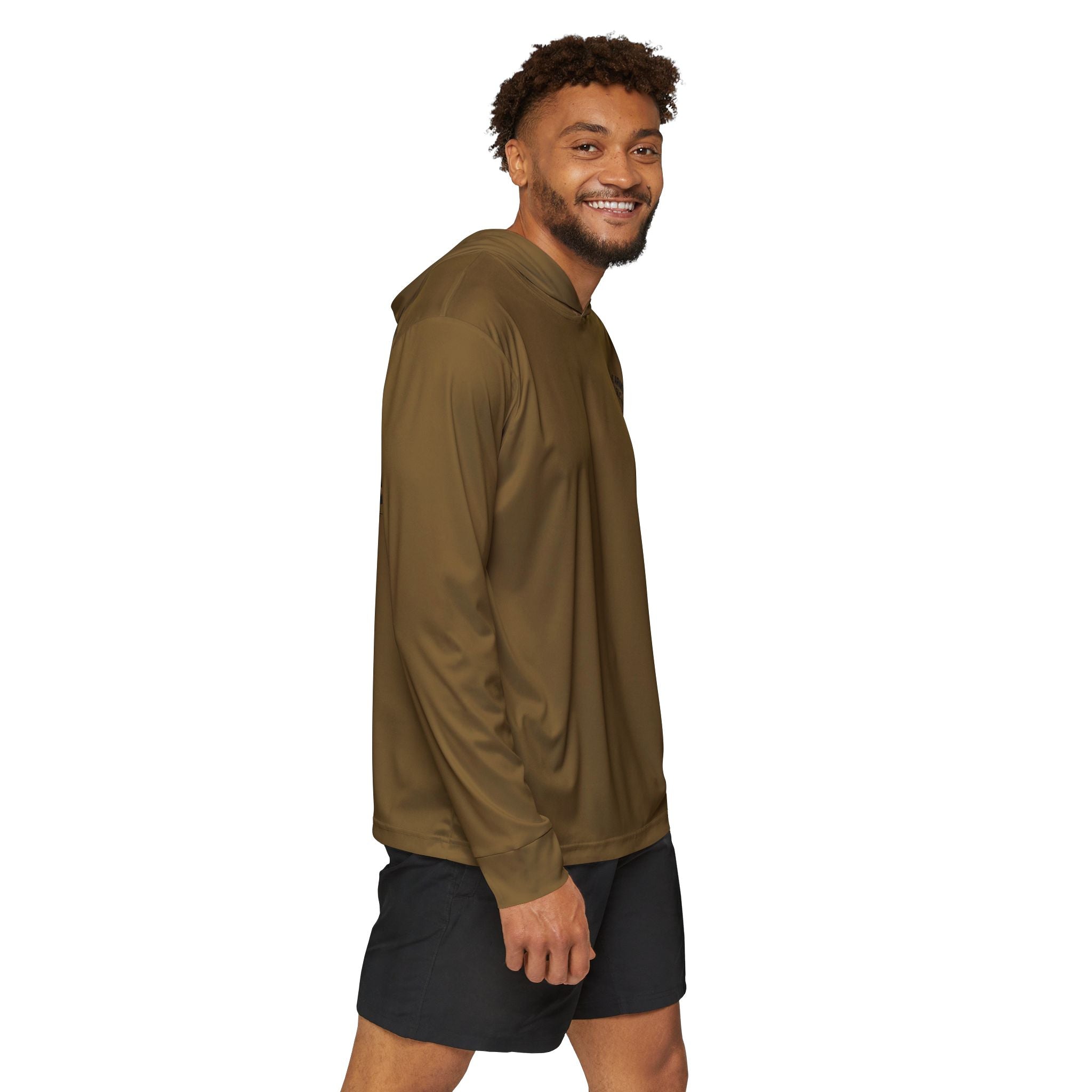 Olive-brown hoodie side profile with hood, long sleeves, and kangaroo pocket
