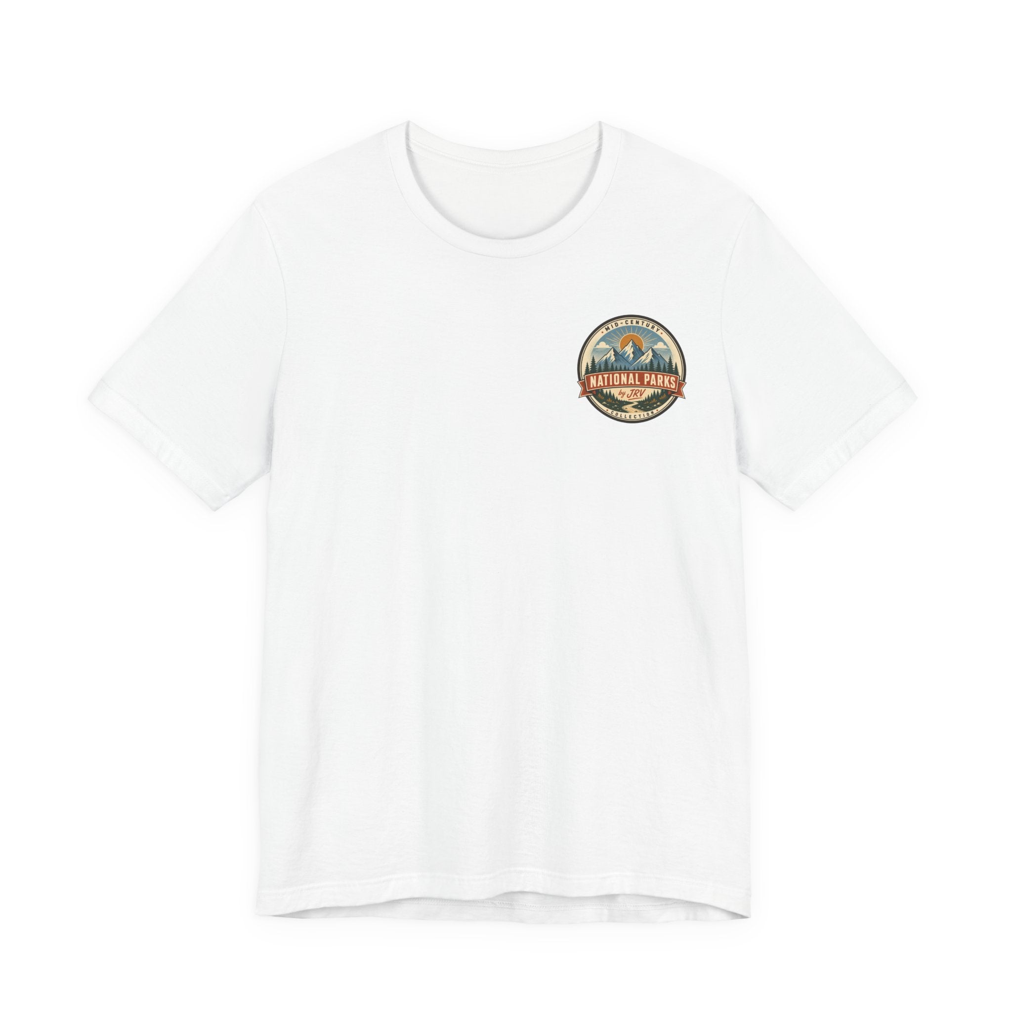 White Yosemite national park t-shirt with circular retro emblem chest graphic.