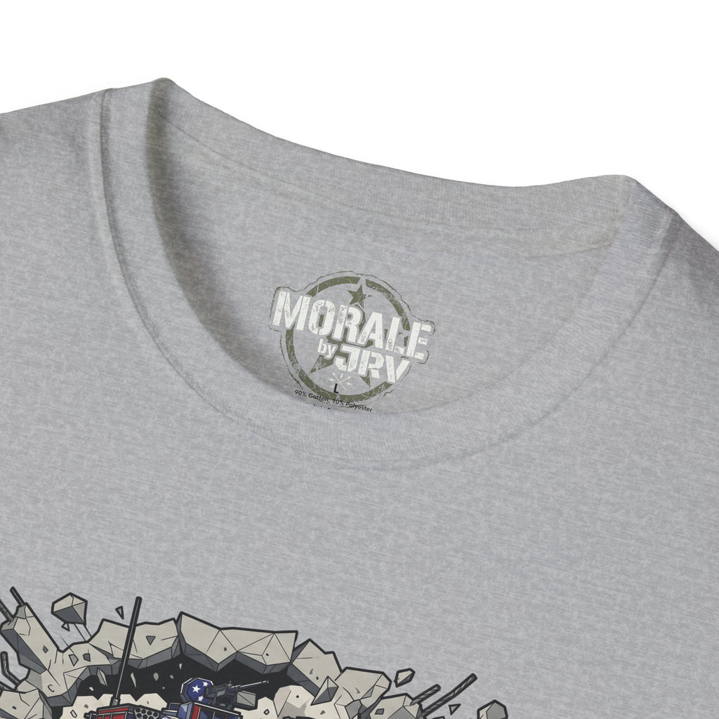 Sport grey T-shirt neckline close-up with brand patch and graphic edge