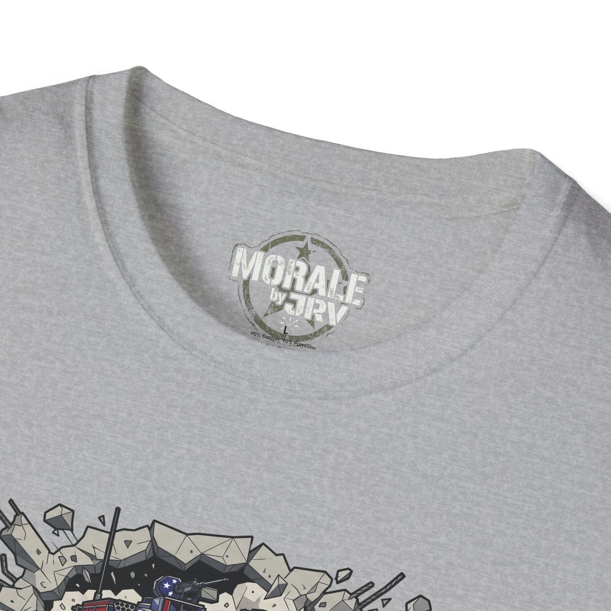 Sport grey T-shirt neckline close-up with brand patch and graphic edge