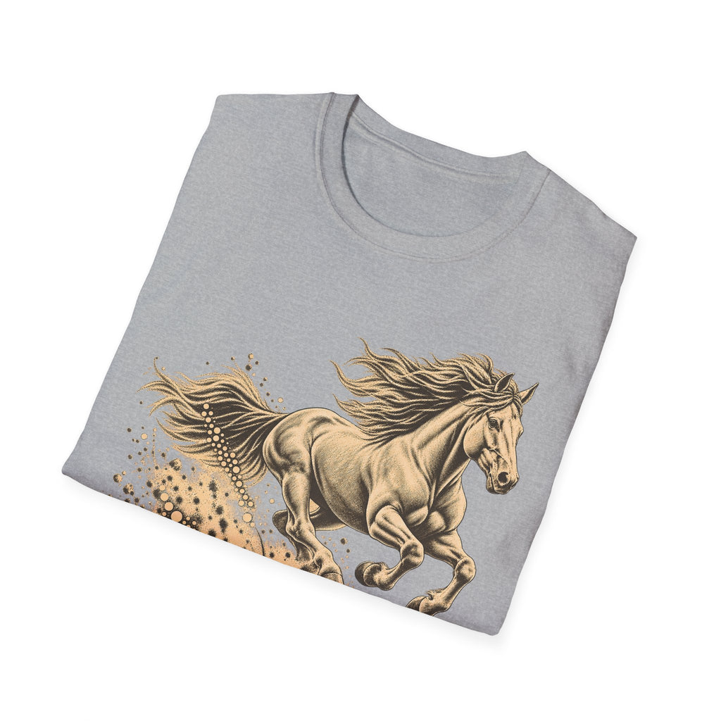 Light gray crewneck T-shirt with running horse graphic in gold tones