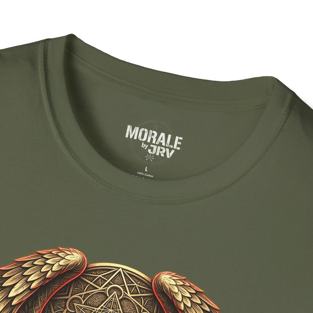 Close-up neckline on military green T-shirt with owl shield emblem graphic