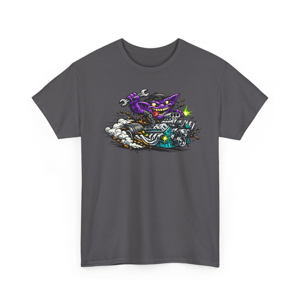 Charcoal T-shirt with grinning purple cat on motorcycle graphic