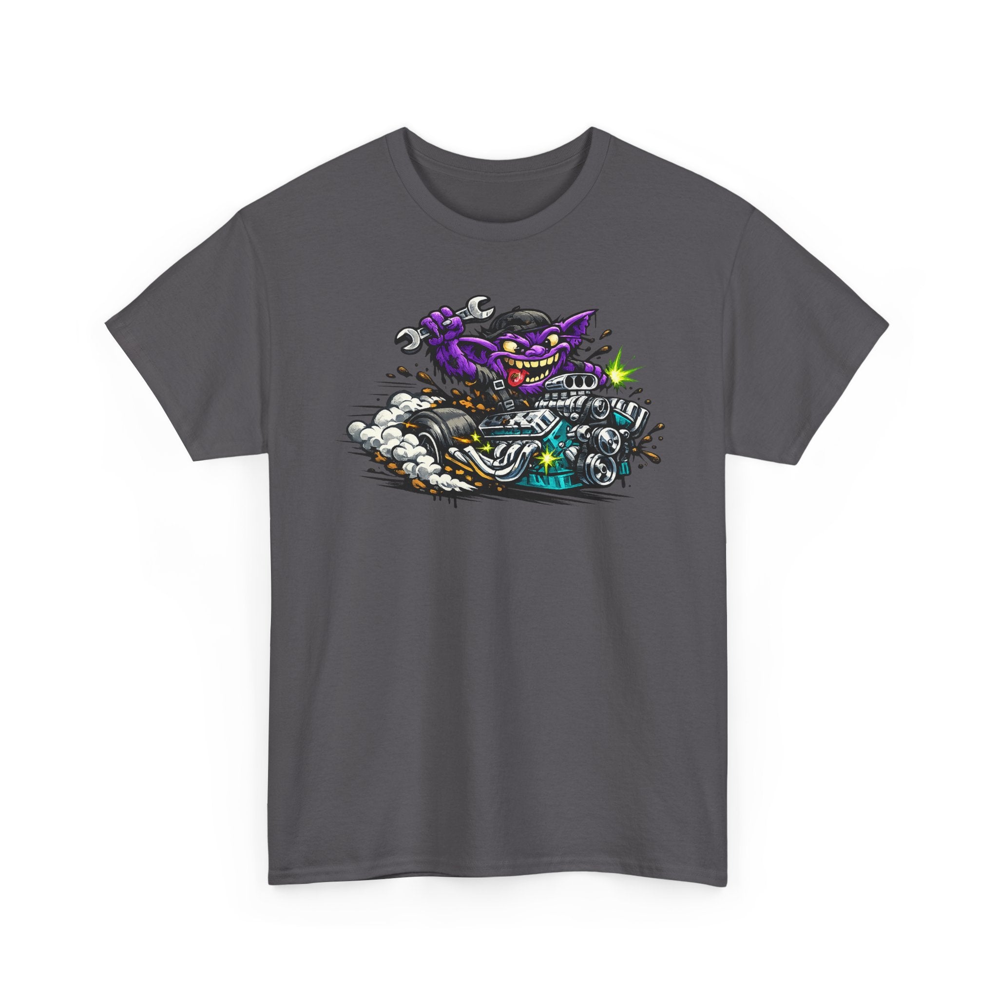 Charcoal T-shirt with grinning purple cat on motorcycle graphic