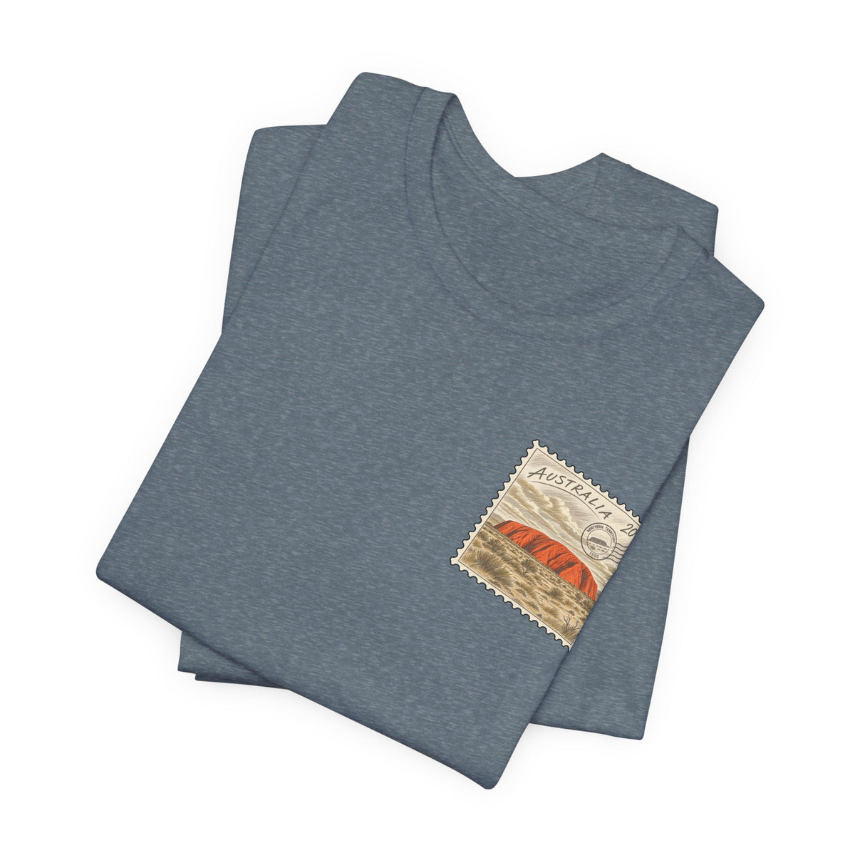 Heather blue crewneck T-shirt, folded pair with postage-stamp style chest graphic
