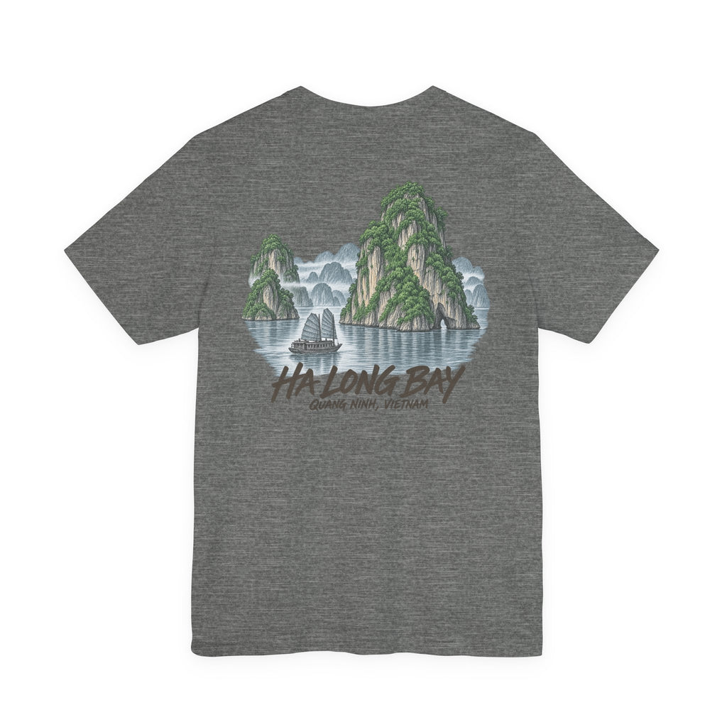 Heather gray T-shirt with Ha Long Bay landscape graphic print on the chest