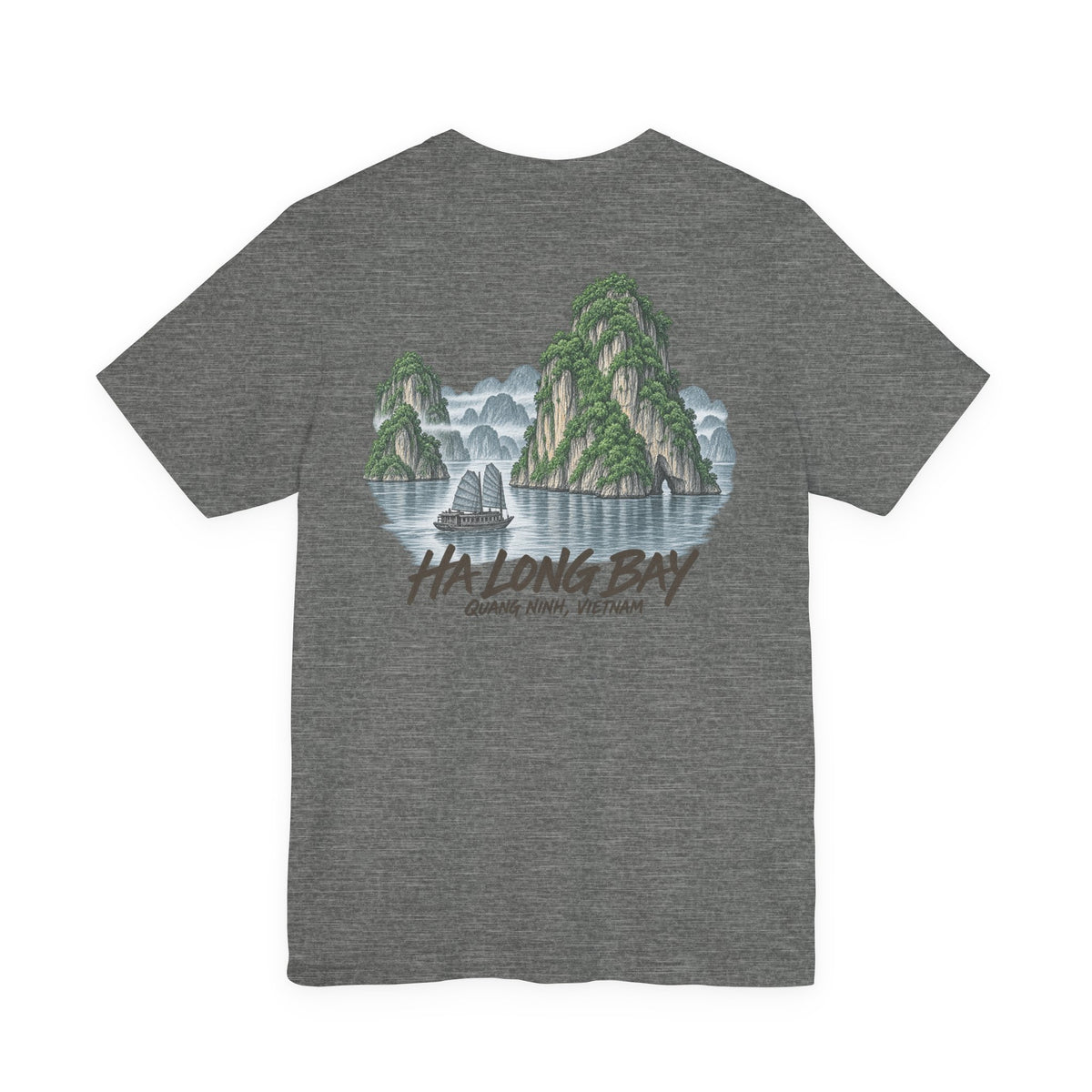 Heather gray T-shirt with Ha Long Bay landscape graphic print on the chest