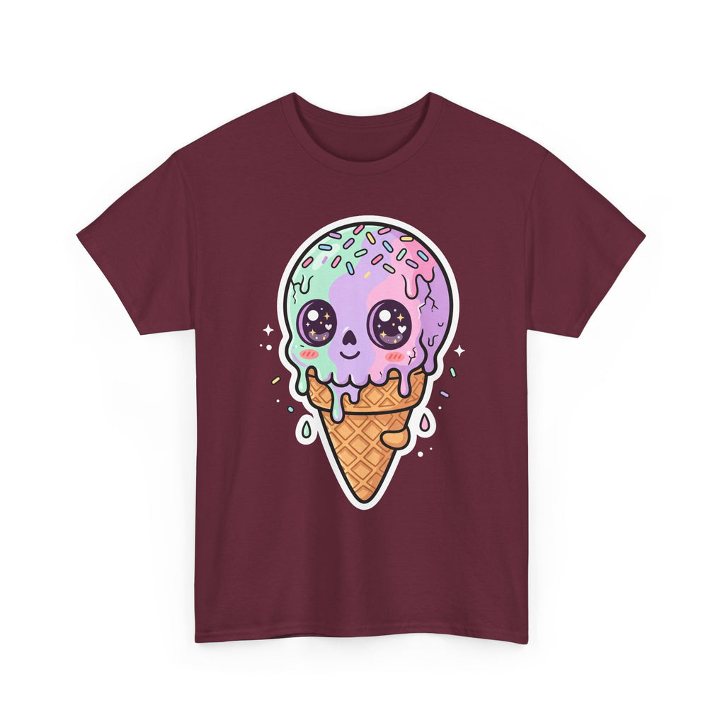 Maroon t-shirt with kawaii melting ice cream cone face graphic, front