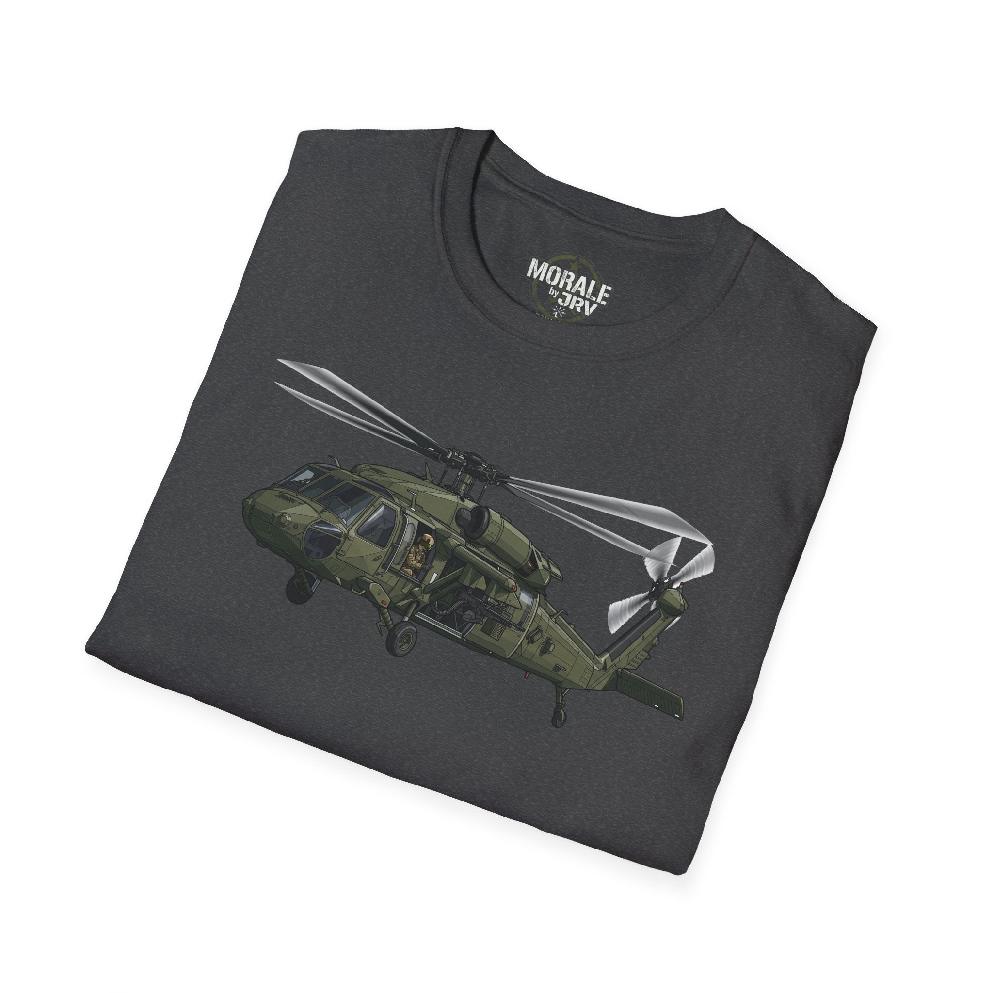 Dark gray crew-neck T-shirt with printed military helicopter graphic across chest