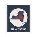 New York skyline sticker with blue state map, red skyline details, and “NEW YORK”