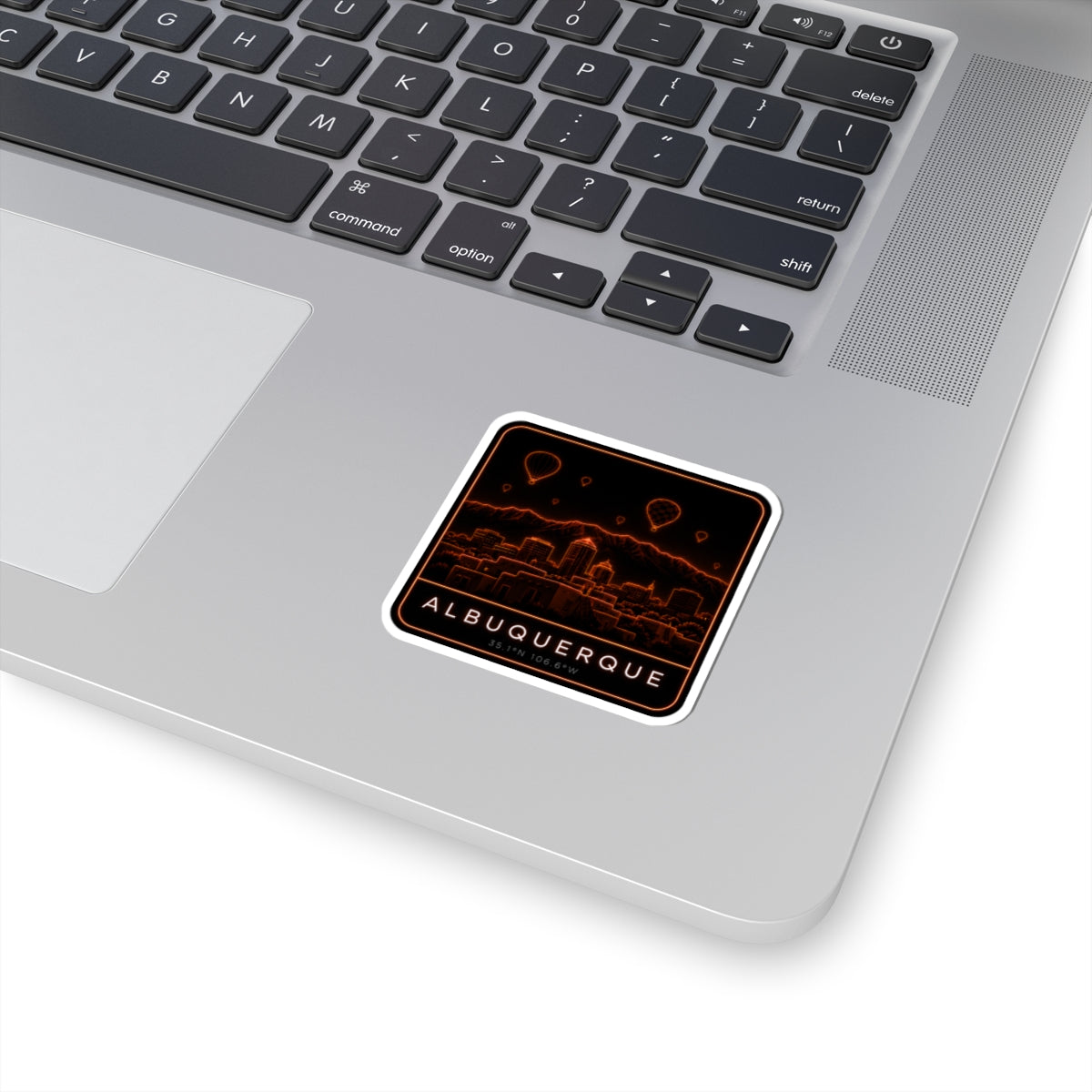 Albuquerque neon skyline sticker decal with orange-red cityscape and white border