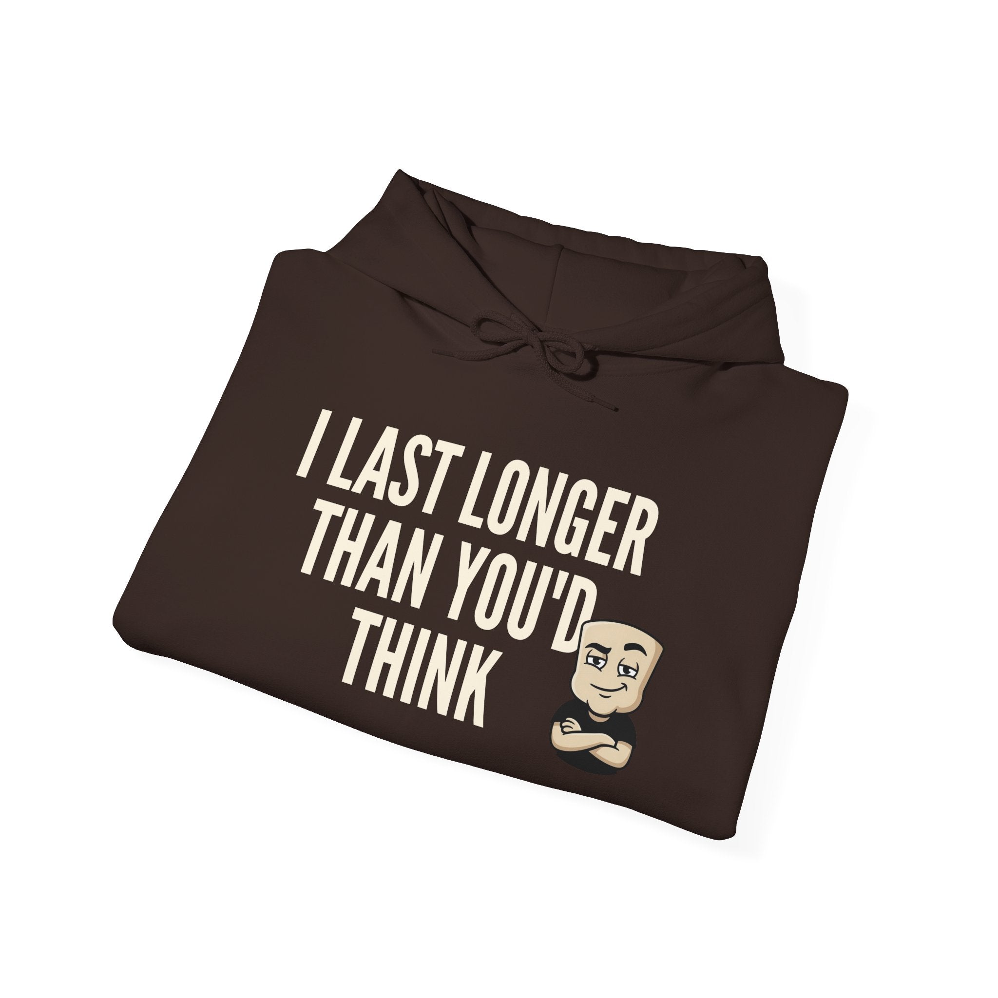 Dark brown hoodie with front graphic text and cartoon bearded face, drawstring hood