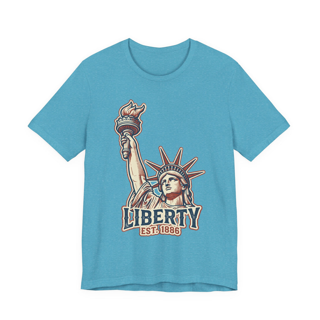 Heather aqua crewneck graphic T-shirt with Statue of Liberty and “LIBERTY EST. 1886”