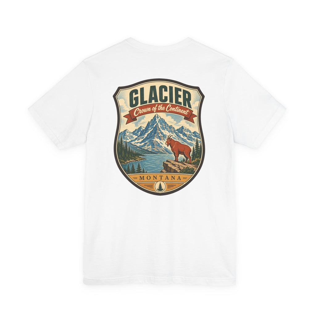 White crewneck t-shirt with large Glacier Montana mountain bear emblem on front