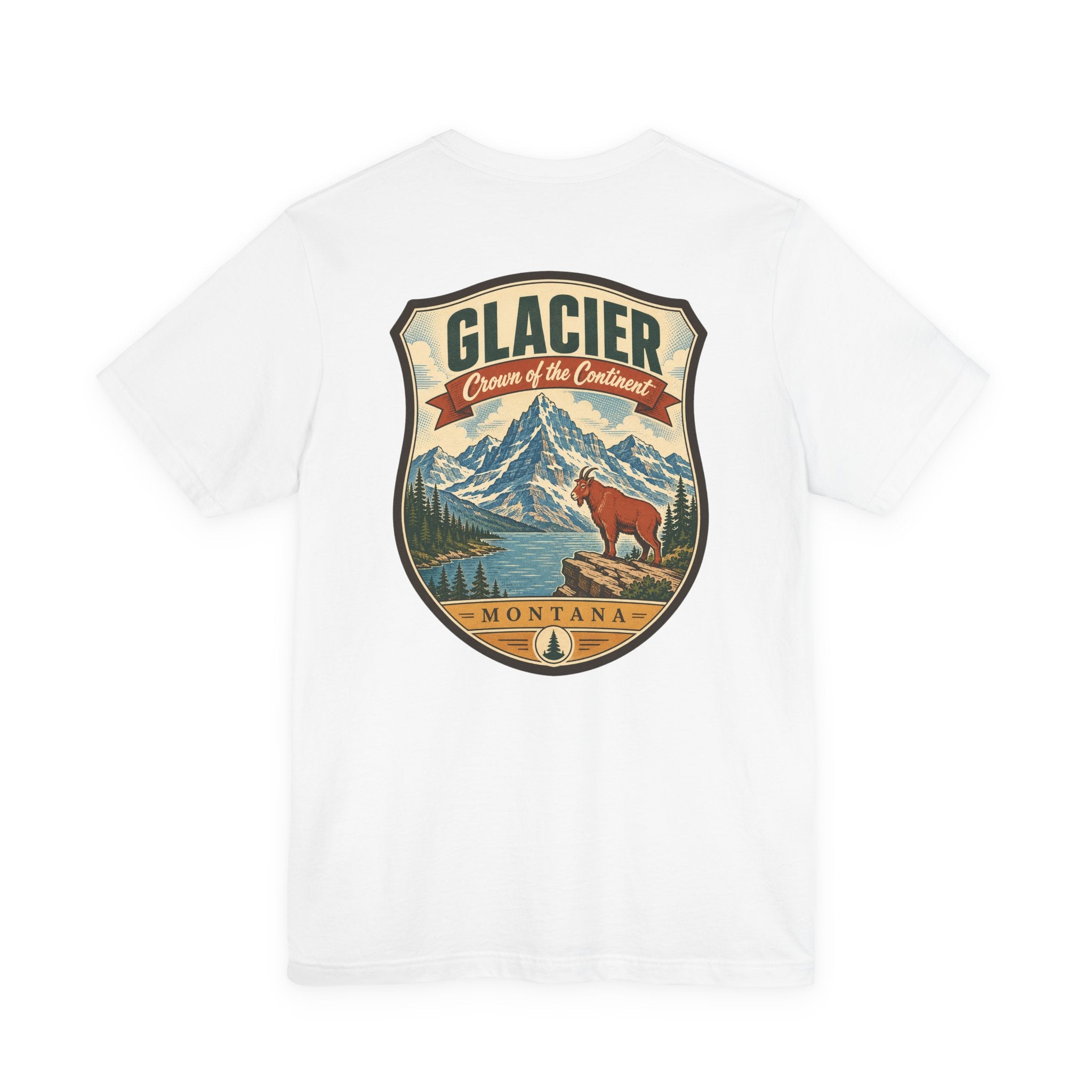 White crewneck t-shirt with large Glacier Montana mountain bear emblem on front