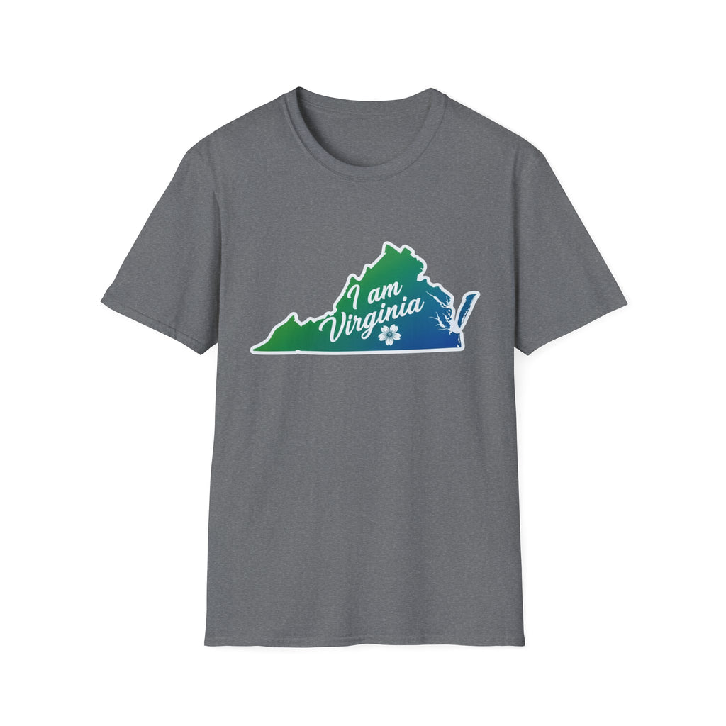 I Am Virginia T-Shirt: graphite heather tee with colorful Virginia state outline graphic