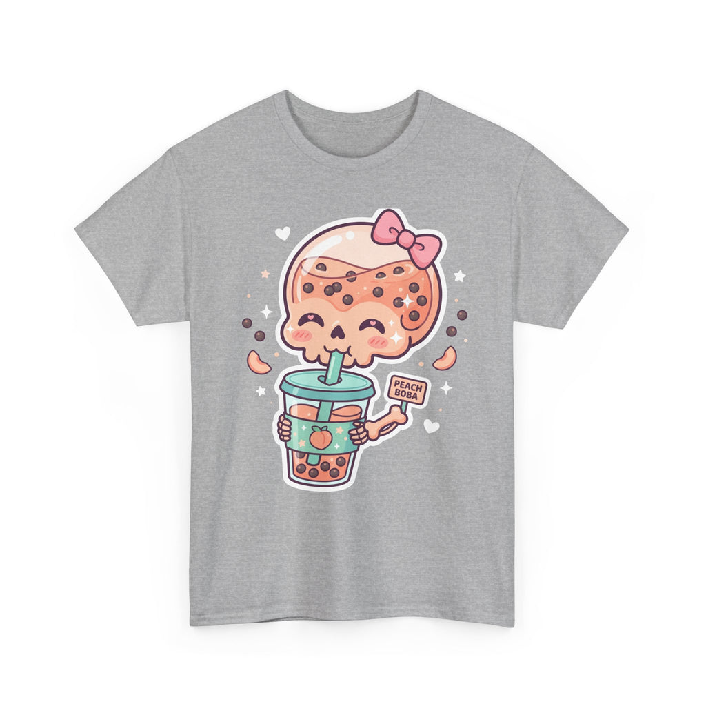 Sport Grey T-shirt with kawaii bubble tea skull graphic and peach boba label
