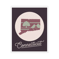 Maroon Connecticut silhouette kiss-cut vinyl decal with circular badge and 'Connecticut' script