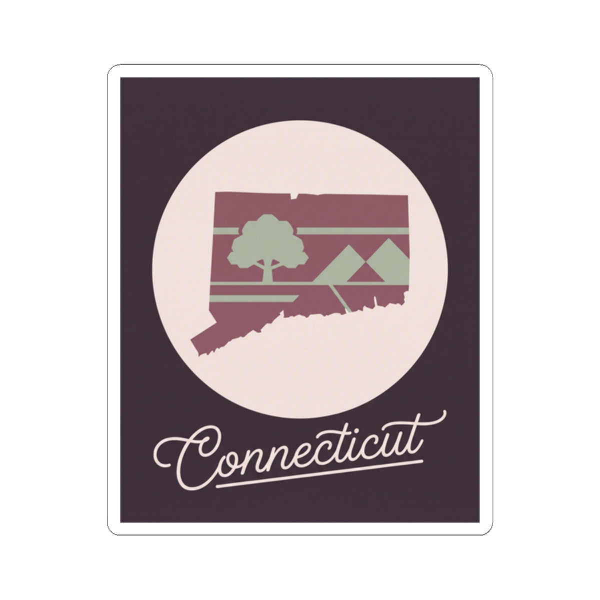 Maroon Connecticut silhouette kiss-cut vinyl decal with circular badge and 'Connecticut' script