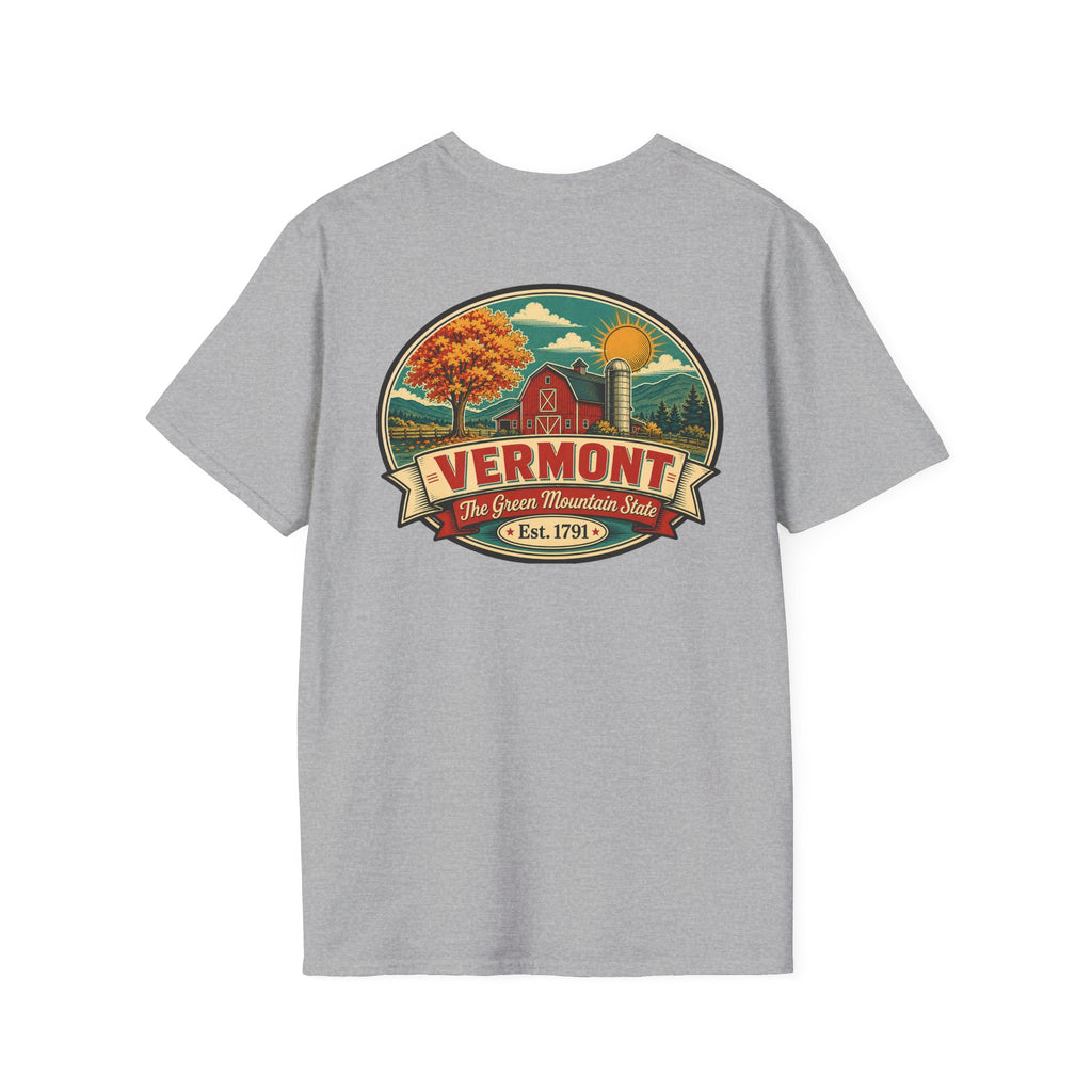 Light gray T-shirt with Vermont badge graphic print, short sleeves, crew neck
