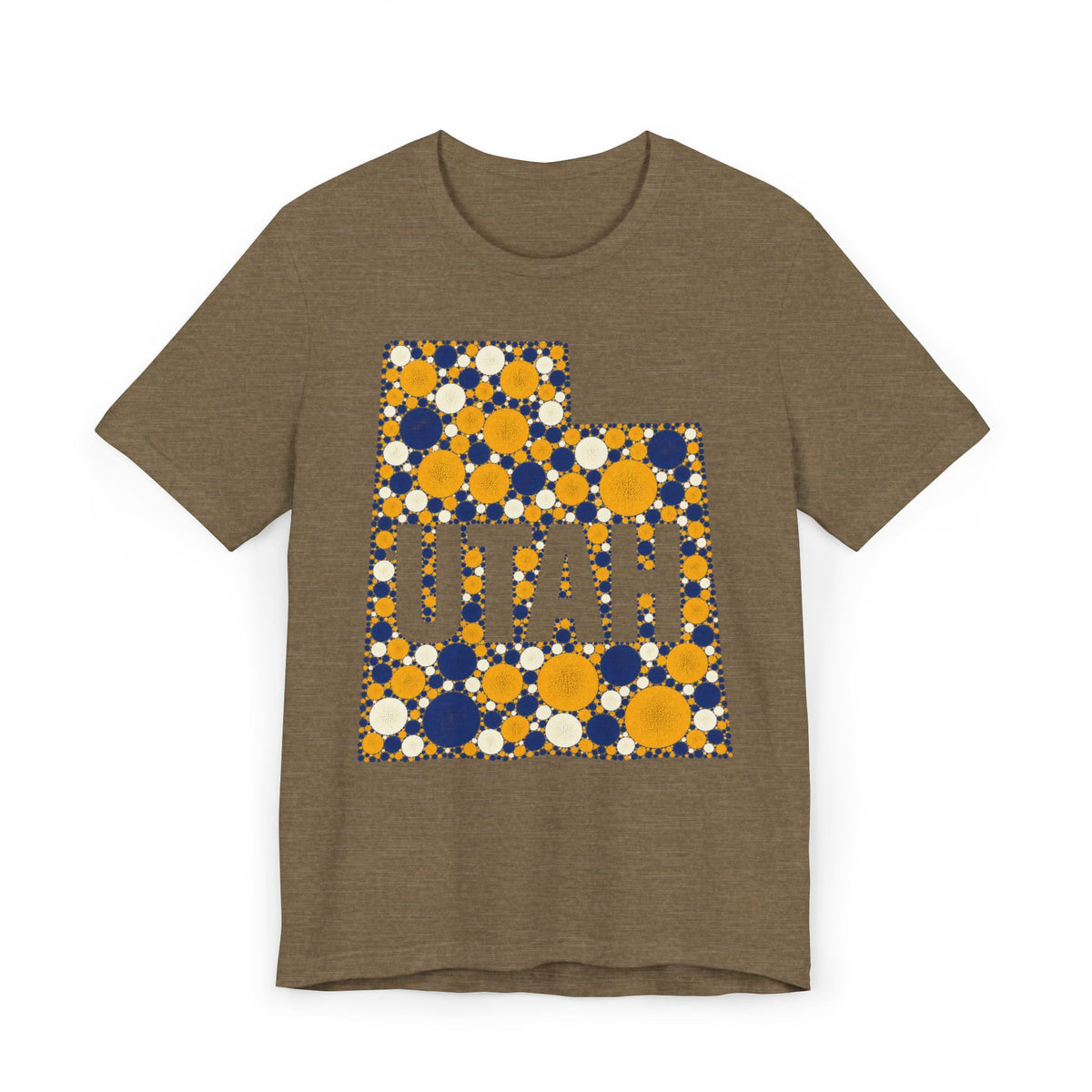 Polka dot Utah graphic t-shirt with UTAH text, blue and yellow on brown