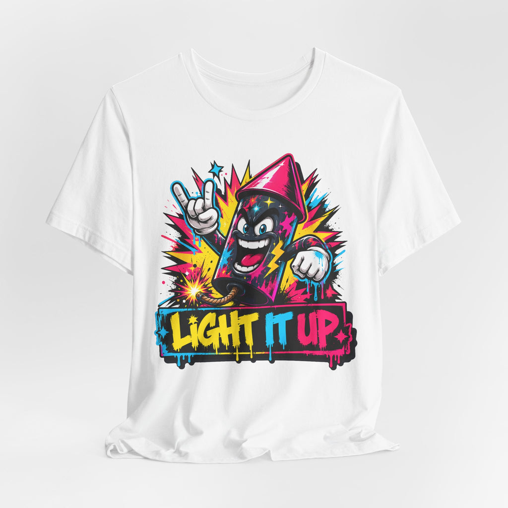 White crewneck T-shirt featuring colorful cat with “Light it up” graffiti text