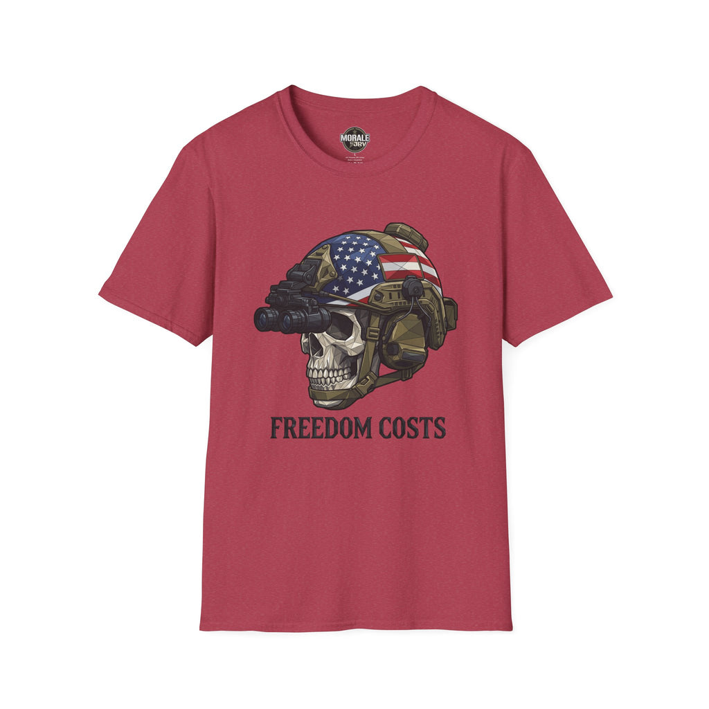 Burgundy tee: skull soldier helmet with U.S. flag graphic and "FREEDOM COSTS"