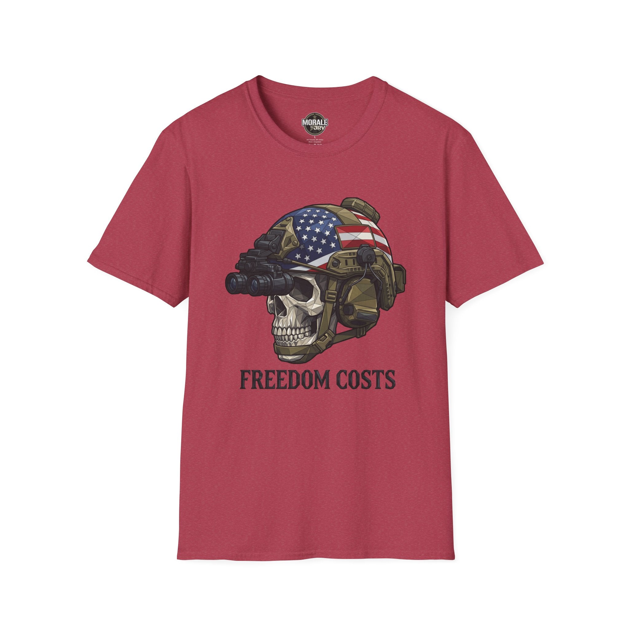 Burgundy tee: skull soldier helmet with U.S. flag graphic and "FREEDOM COSTS"