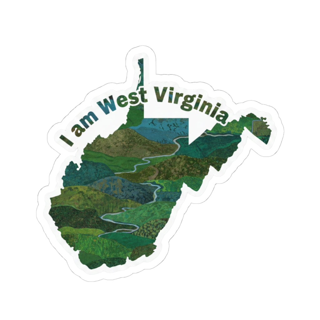 I am West Virginia sticker with state map and text, die-cut white border