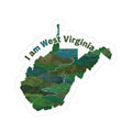 I am West Virginia sticker with state map and text, die-cut white border