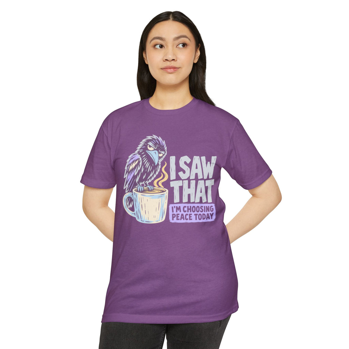 Purple crew-neck T-shirt with raven and peace coffee graphic on front