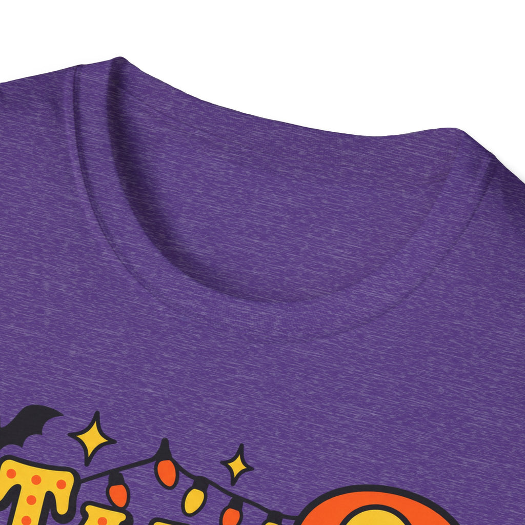 Purple t-shirt neckline with small bat and light accents