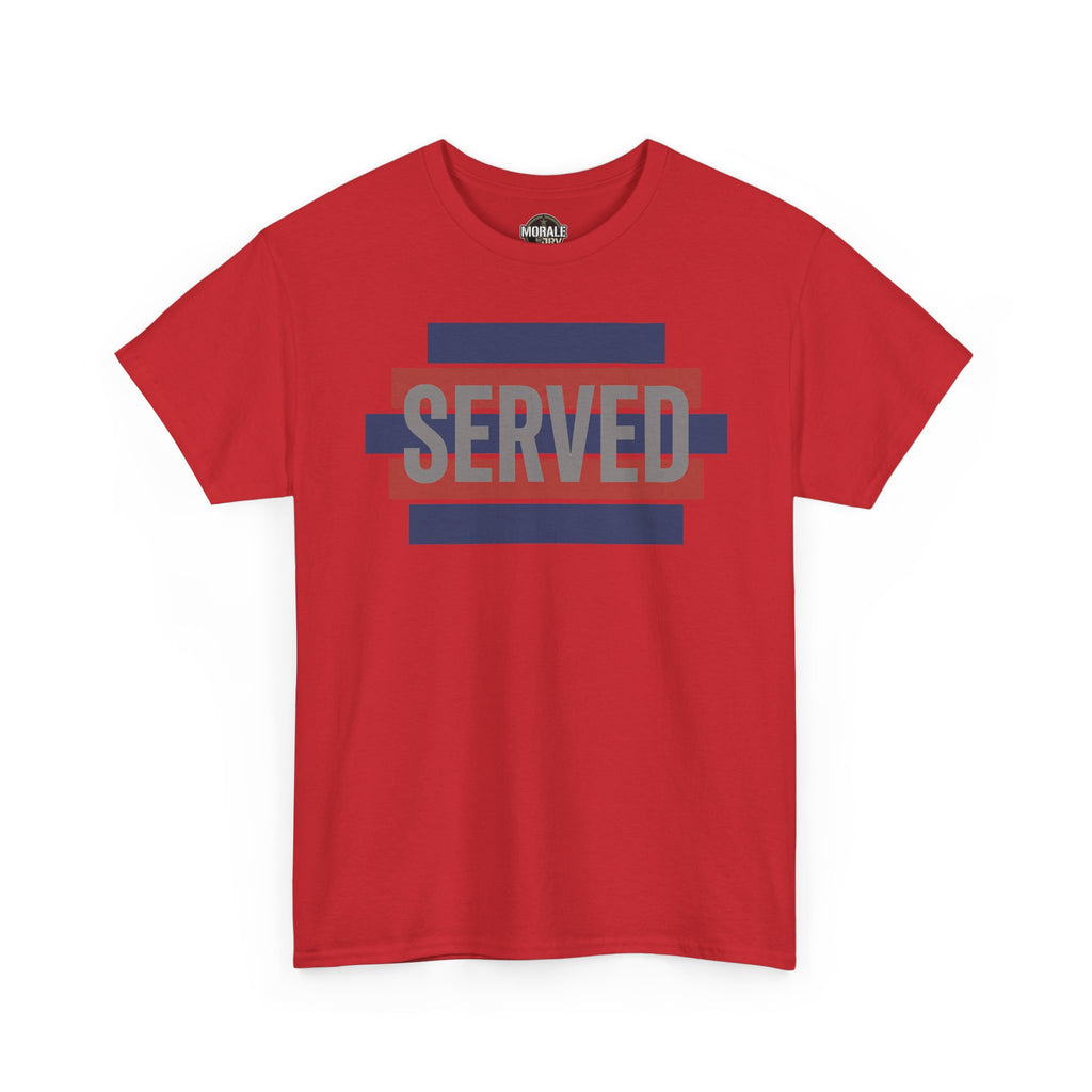 Red short-sleeve T-shirt with crew neck and 'SERVED' graphic with red, white, and blue
