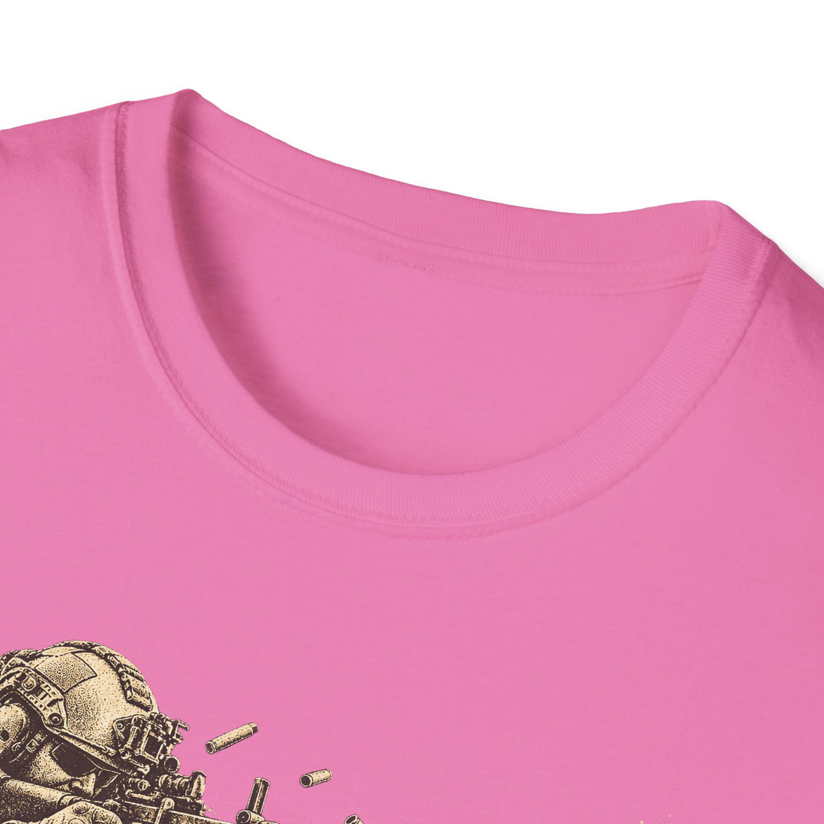 Pink crewneck T-shirt with partial vintage soldier and machine gun graphic near bottom