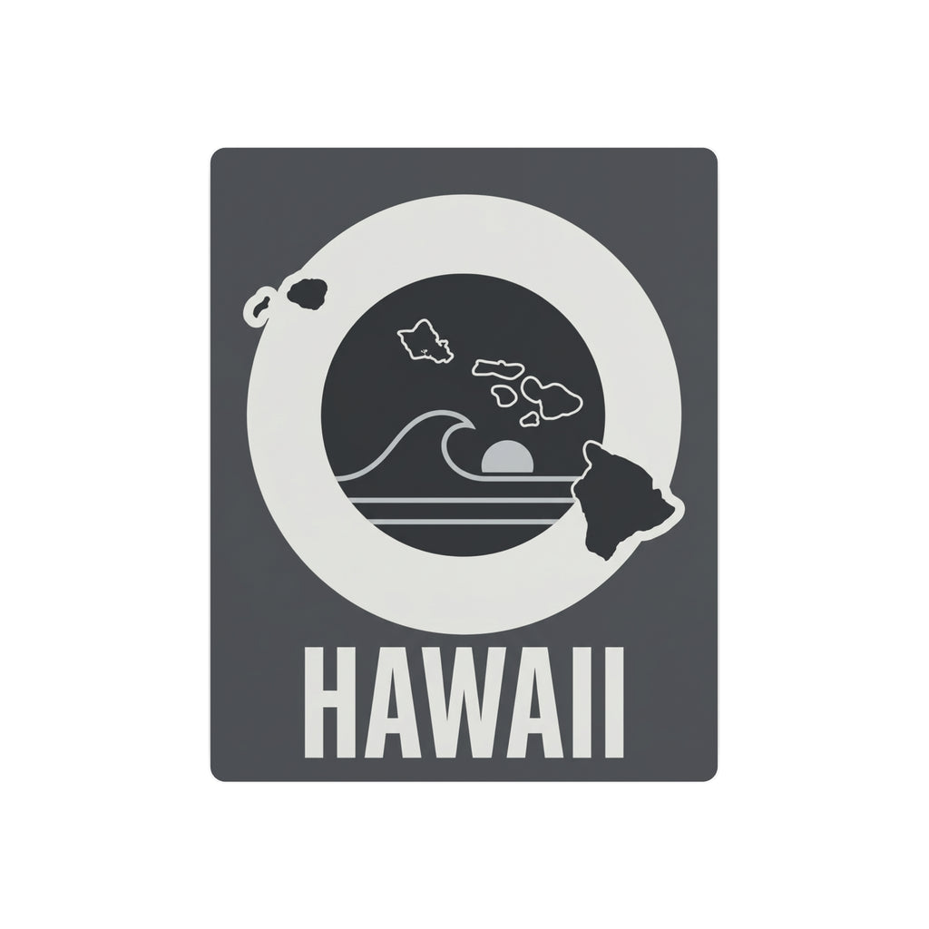 Square Hawaii metal wall art featuring whale and island wave within a white circle
