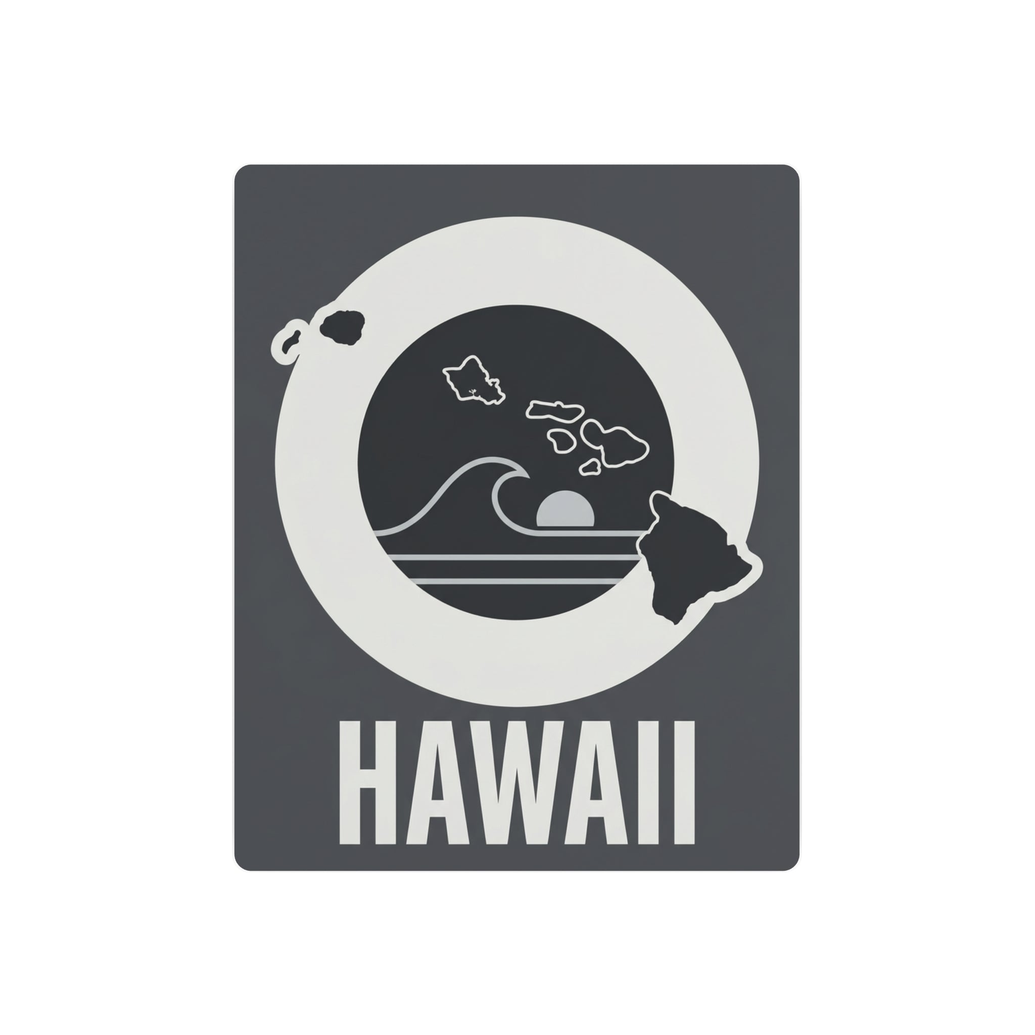 Square Hawaii metal wall art featuring whale and island wave within a white circle