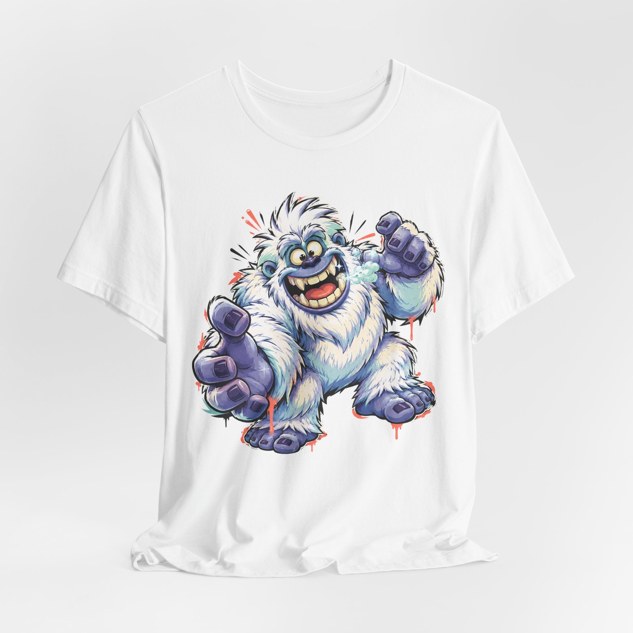 White T-shirt with cartoon yeti monster graphic, roaring and holding blue-fisted fists