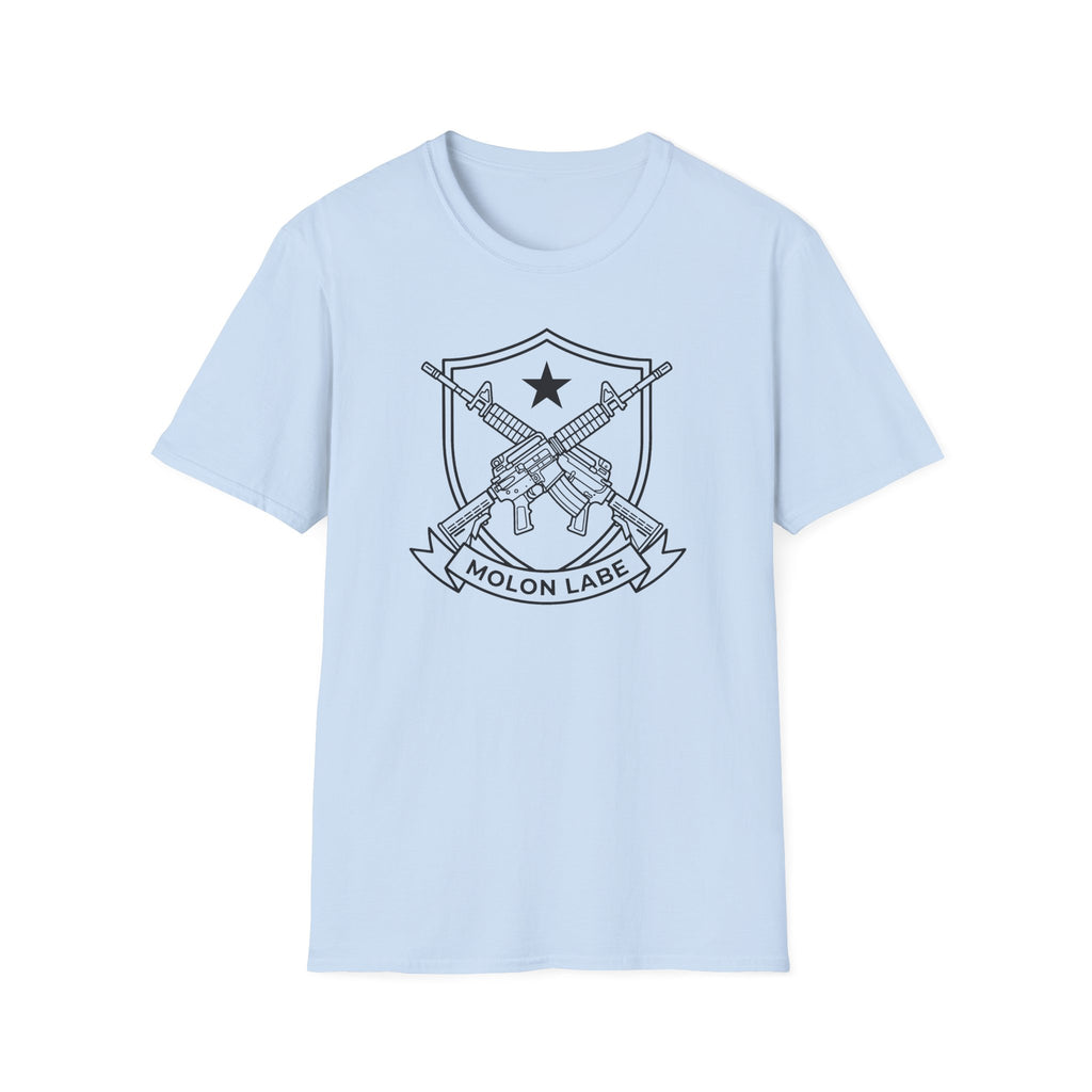 Light blue T-shirt with front shield emblem featuring crossed rifles and “MOLON LABE”