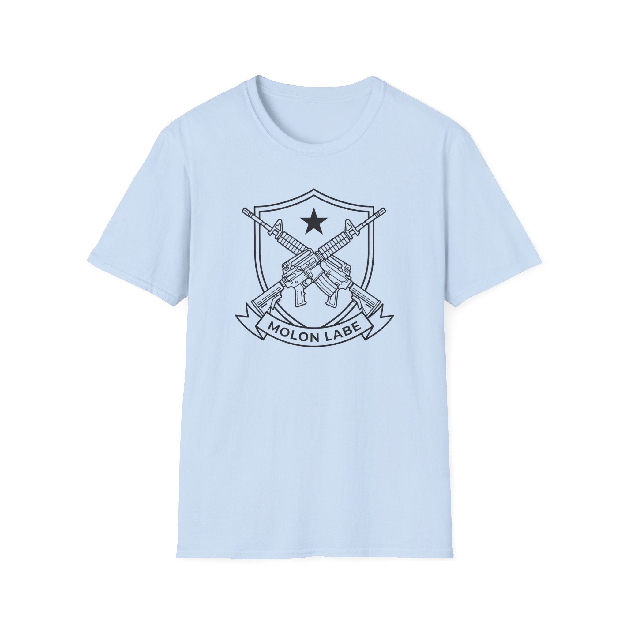 Light blue T-shirt with front shield emblem featuring crossed rifles and “MOLON LABE”