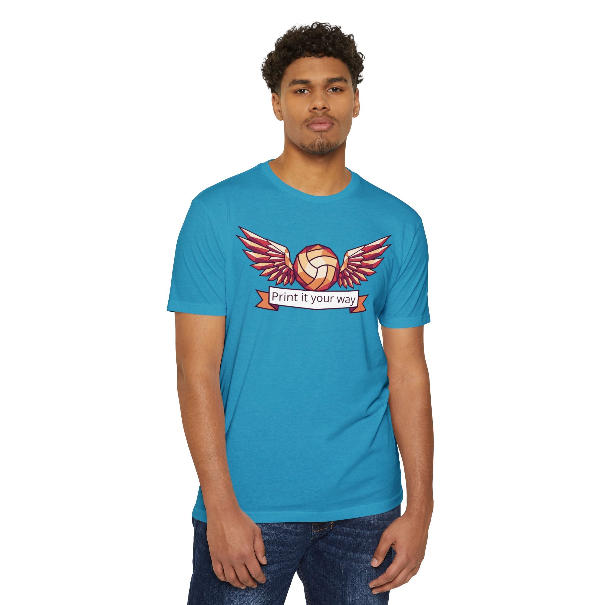 Blue volleyball T-shirt with winged volleyball graphic and ribbon text on front.