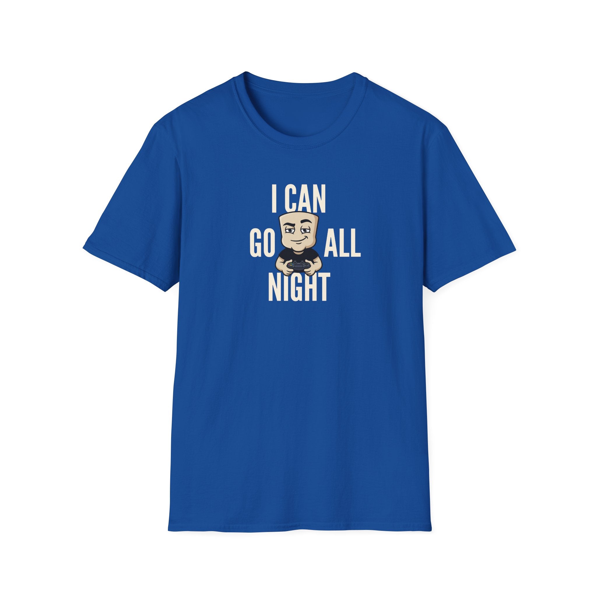 Royal blue T-shirt with front gamer graphic and “I Can Go All Night” text