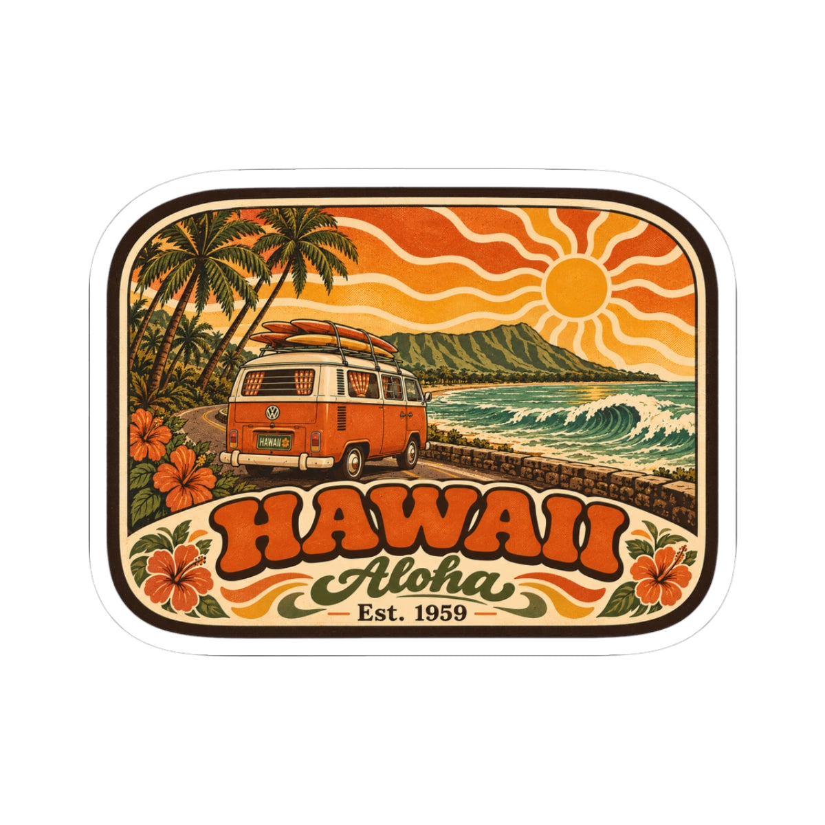 Rectangular kiss-cut sticker with vintage orange camper van, palm trees, sun, ocean waves and Hawaii text