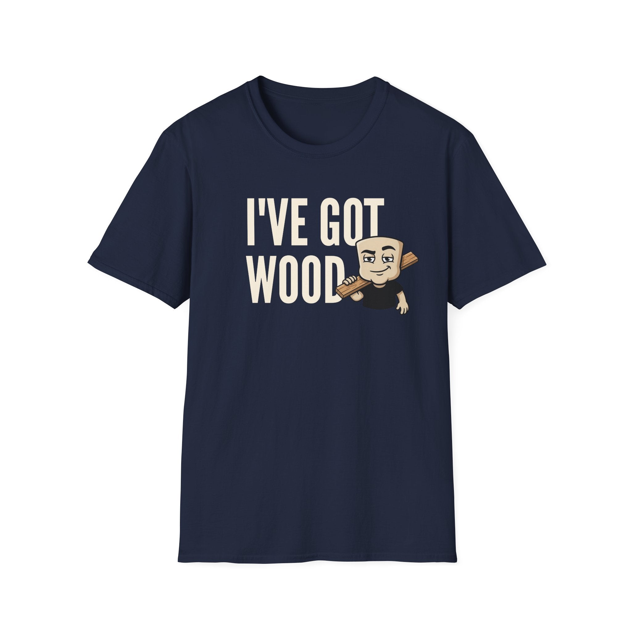 Navy T-shirt with 'I've Got Wood' graphic and cartoon carpenter holding wood