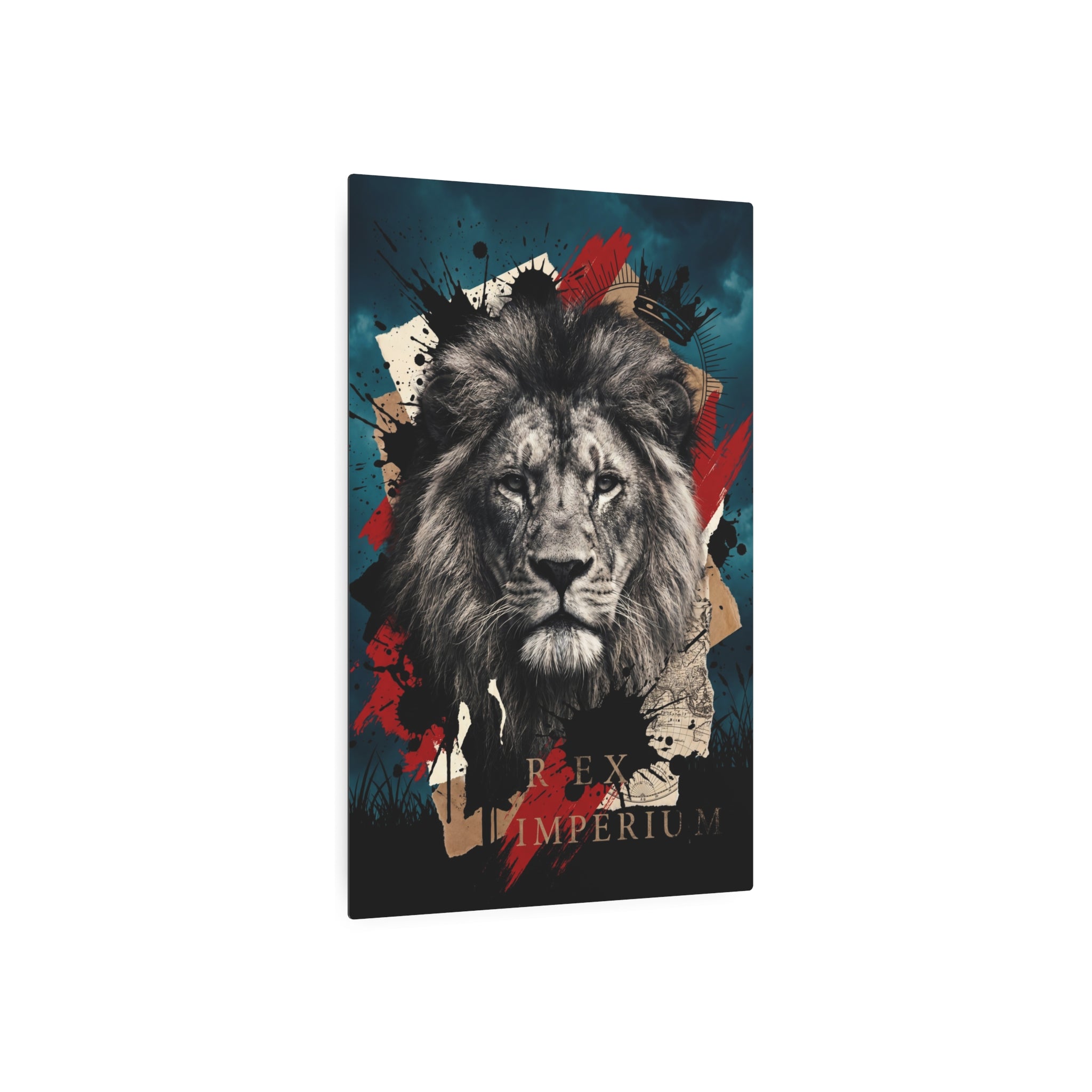 Löwen-Wandposter mit Trash-Polka Spritzmuster, schwarz-grau, Text „Rex Imperium“