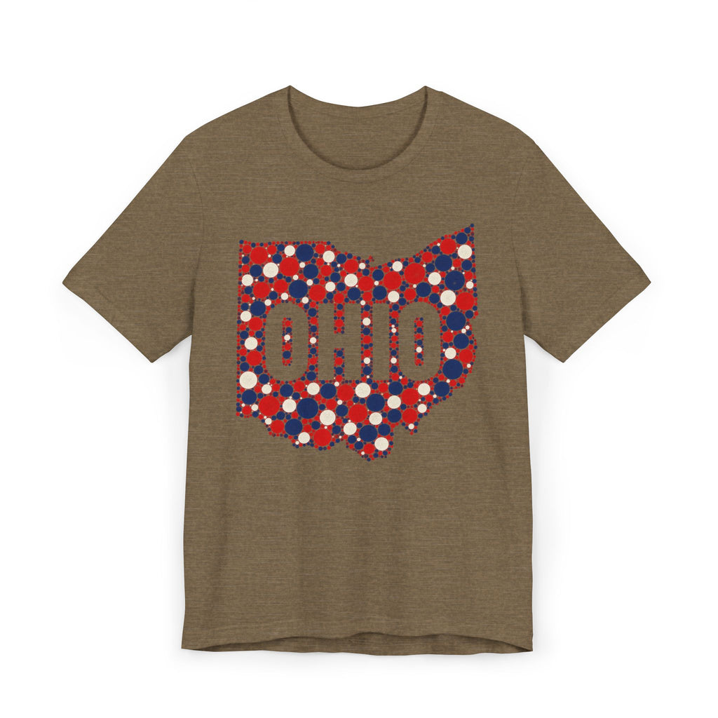 Brown T-shirt with dotted polka graphic OHIO in red, white, and blue