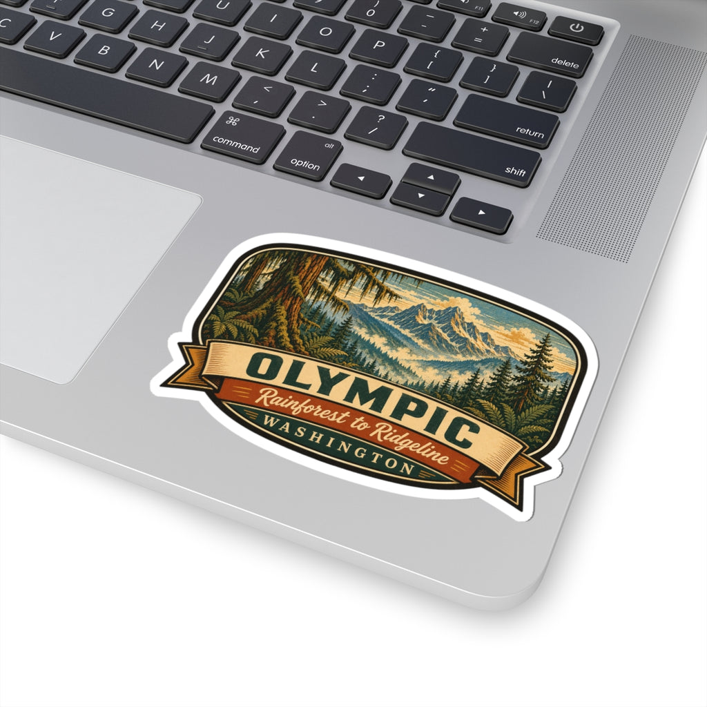 Olympic Washington travel sticker on laptop, with rainforest to ridgeline and mountain forest artwork