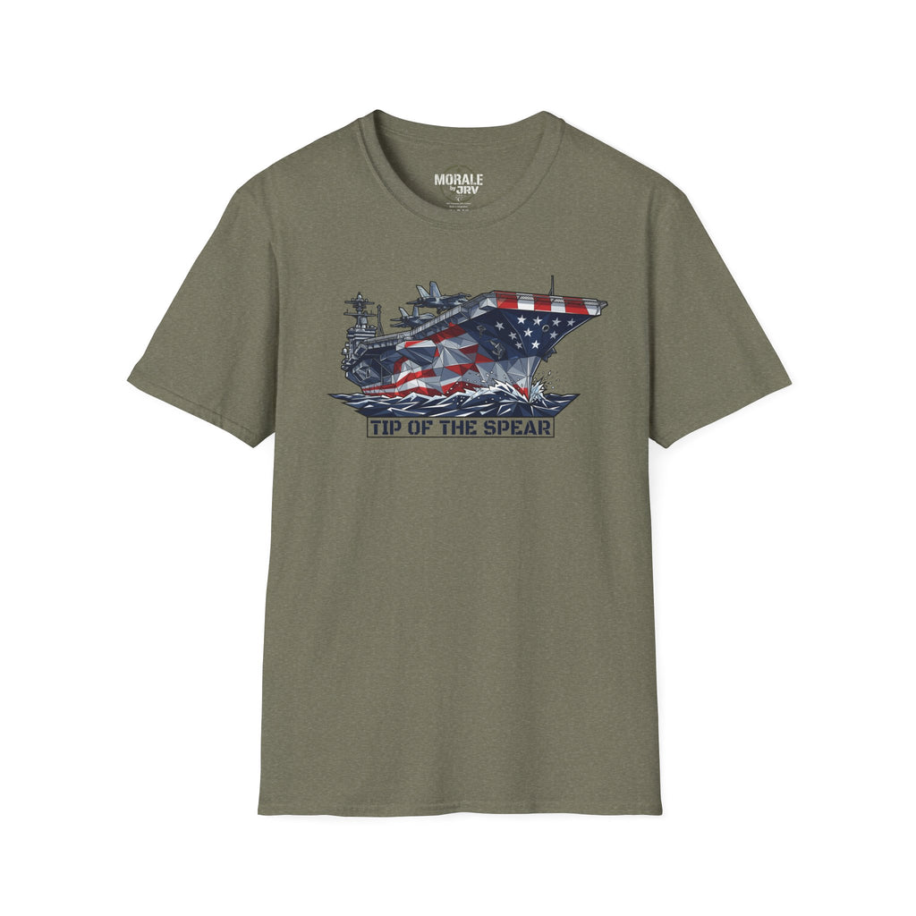 Heather Military Green T-Shirt mit „Tip of the Spear“-Grafik: Flugzeugträger mit US-Flagge
