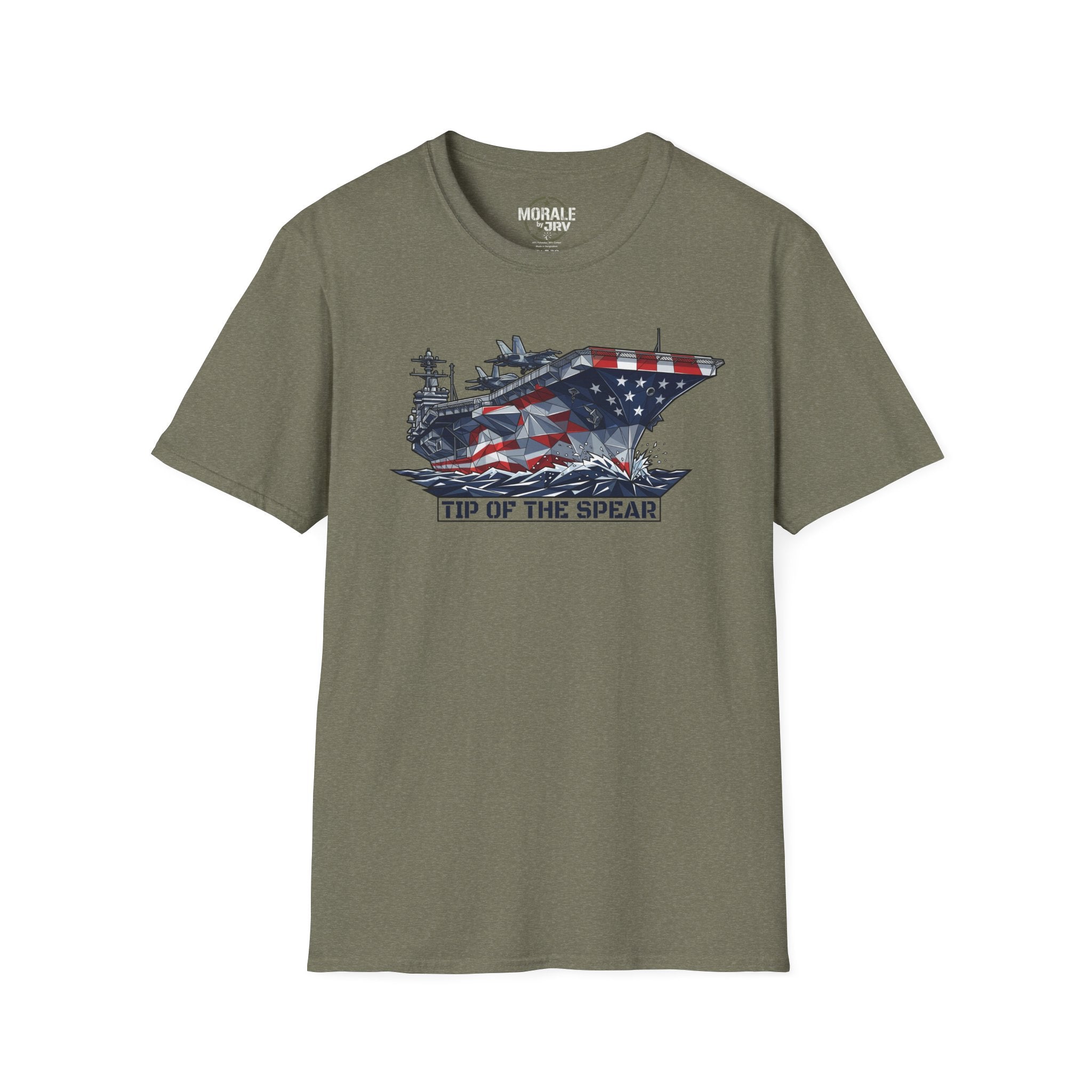 Heather Military Green T-Shirt mit „Tip of the Spear“-Grafik: Flugzeugträger mit US-Flagge